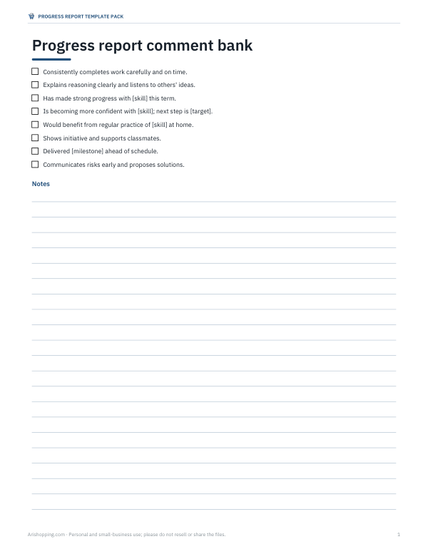 Preview of Progress Report Comment Bank