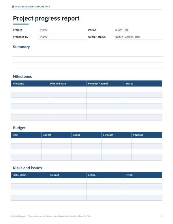 Preview of Project Progress Report Template
